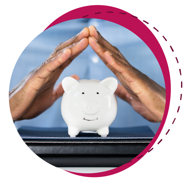 Pair of hands protecting a model of a piggy bank symbolizing protection